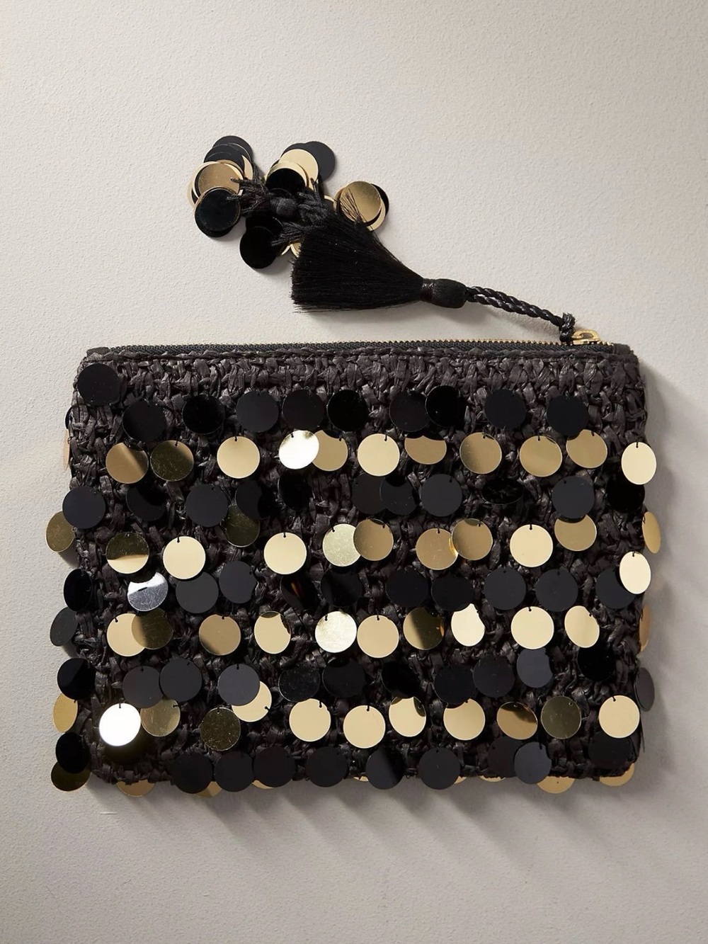 NWT Anthropologie Paillette Zip Top Clutch Bag in Black-Gold O/S